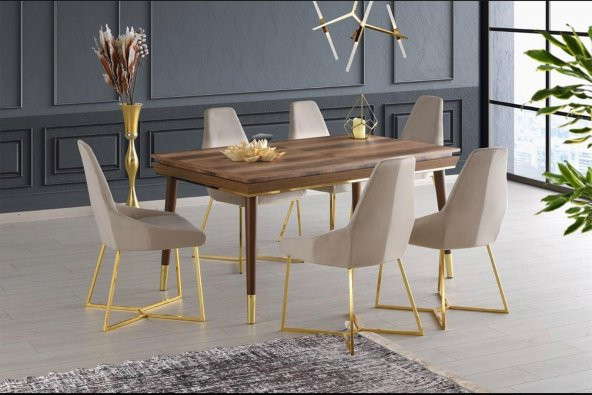 Açılır Roma Salon Masası  Empoli Desen + 6 Adet Juliet Sandalye  Gold Metal Ayak