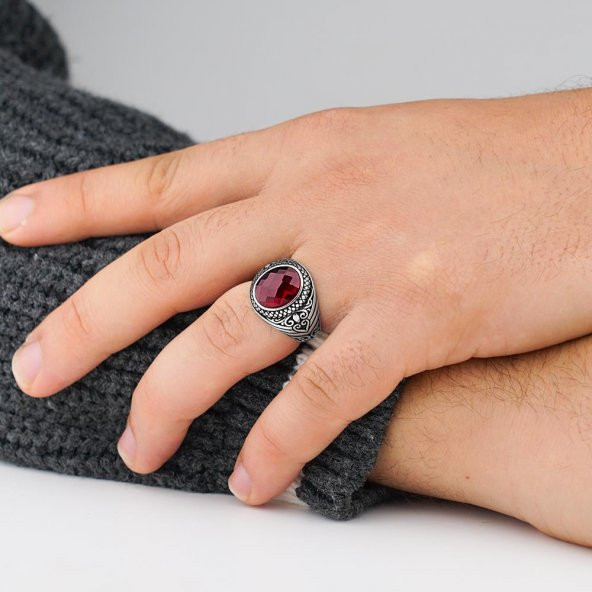 Kırmızı Zirkon Taşlı Fasetli 925 Ayar Gümüş Yüzük - Resim 2