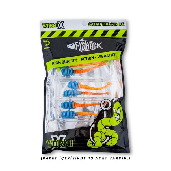 Silikon Kurt Yem - 2,1g 70mm - Fishack Wormix - 1 Adet - Mavi/Turuncu - Karides Kokulu - Resim 5