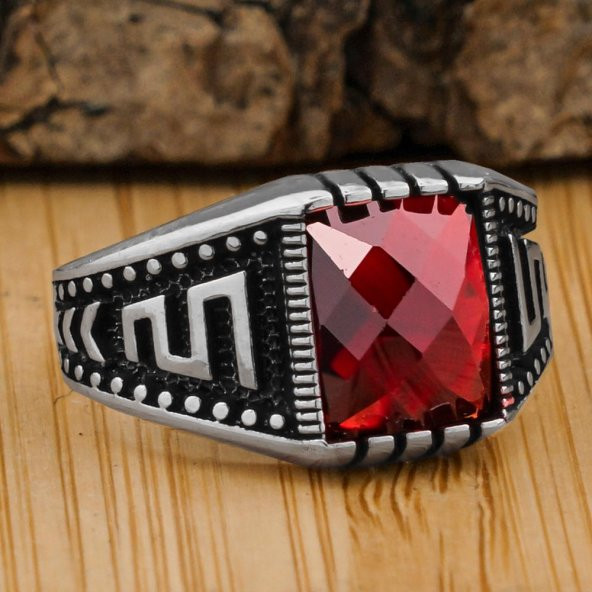 Kırmızı Zirkon Taşlı Çizgi Motifli 925 Ayar Gümüş Yüzük ürün görseli 1