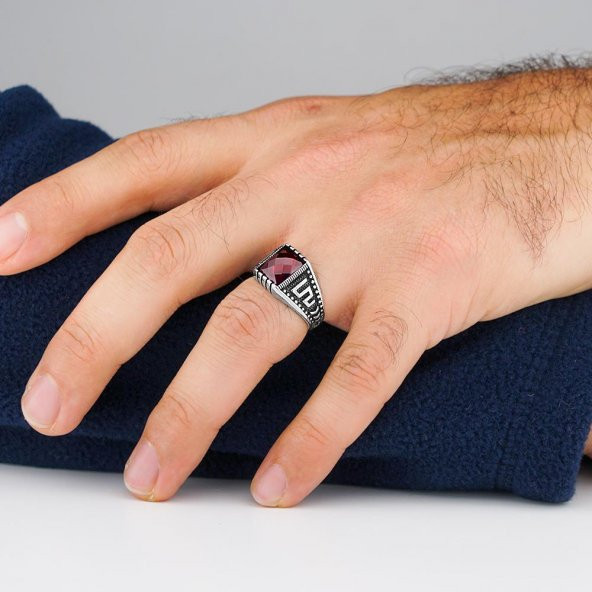 Kırmızı Zirkon Taşlı Çizgi Motifli 925 Ayar Gümüş Yüzük - Resim 2