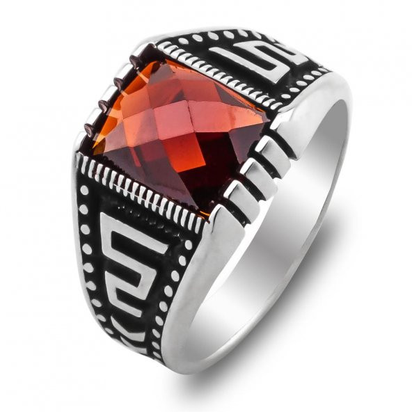 Kırmızı Zirkon Taşlı Çizgi Motifli 925 Ayar Gümüş Yüzük - Resim 3