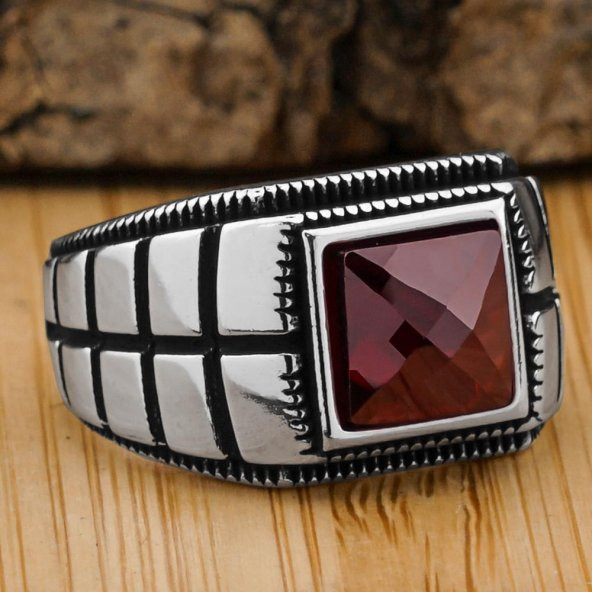 Kırmızı Zirkon Taşlı Çizgili 925 Ayar Gümüş Yüzük ürün görseli 1