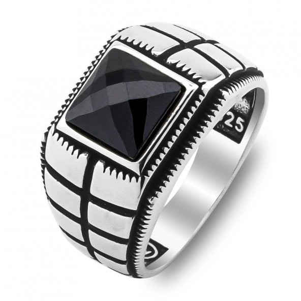 Siyah Zirkon Taşlı Çizgili 925 Ayar Gümüş Yüzük - Resim 3
