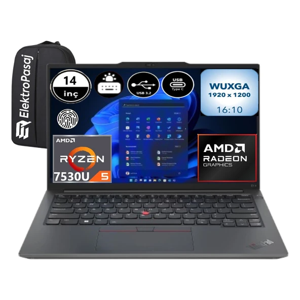 Lenovo Thinkpad E14 Gen 5 21JR0009TX-EP3 Ryzen 5 7530U 40 GB Ram 512 GB SSD 14" Wuxga Windows 11 Pro + Elektropasaj Çanta