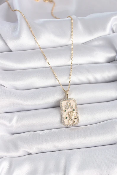 316L Çelik Gold Renk Zincir Aslan Burcu Zirkon Taşlı Kadın Kolye - TJ-BKO9460 - 2