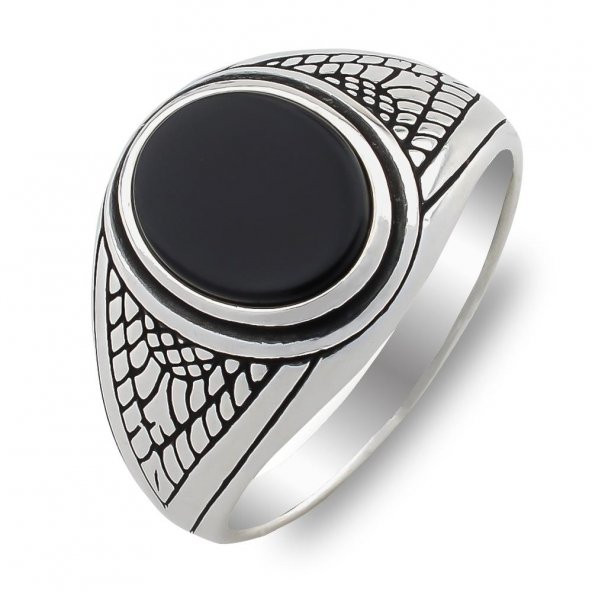 Oval Siyah Oniks Taşlı Desenli 925 Ayar Gümüş Yüzük - Resim 3