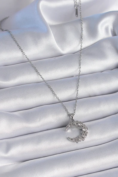 316L Çelik Zincir Gümüş Renk Zirkon Taşlı Hilal Model Kadın Kolye - TJ-BKO9355 - 2