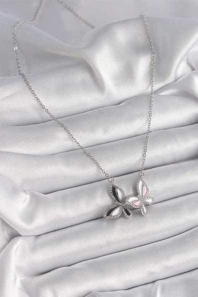 316L Çelik Gümüş Renk Zincir Zirkon Taşlı Renkli Kelebek Model Kadın Kolye - TJ-BKO9615 - 2