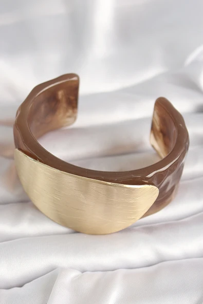 Kahverengi Mermer Desen Akrilik Plastik Gold Oval Plaka Model Vintage Kadın Bilezik - TJ-BB6684 - 2
