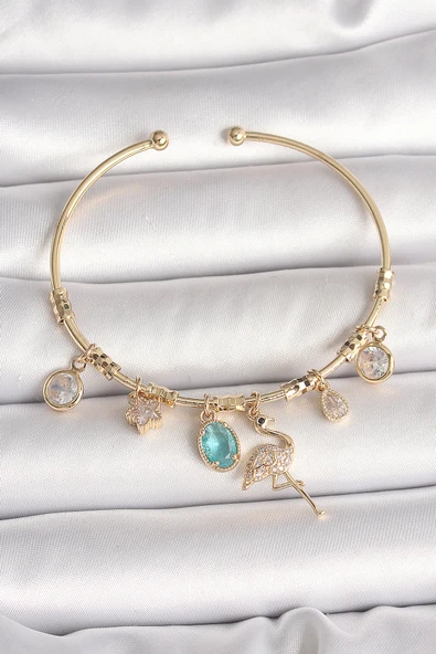 Pirinç Gold Renk Zirkon Taşlı Sallantı Filamingo Figür Charm Kadın Bileklik - TJ-BB6885