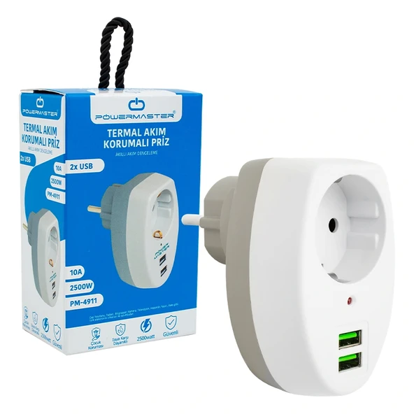 2 USBLİ TEKLİ TERMAL AKIM KORUMALI PRİZ (10A-2500W) (5047) - 3