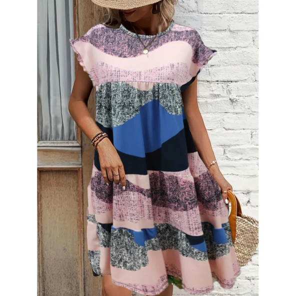 Lucky Life Kadın Kısa Kollu Bisiklet Yaka Kare Desenli Dalgıç Elbise