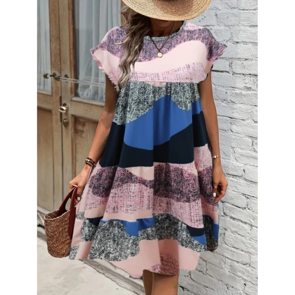 Lucky Life Kadın Kısa Kollu Bisiklet Yaka Kare Desenli Dalgıç Elbise - 2