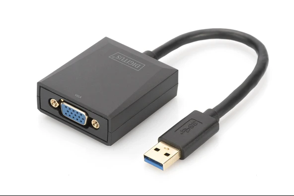Digitus USB 3.0 <-> VGA Grafik Adaptörü<br>
Giriş: 1 x USB 3.0 USB-A erkek<br>
Çıkış:  1 x VGA (HD15) dişi (Full HD, 1080p)<br>
Plastik - 1