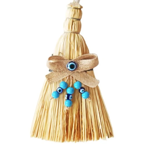 Otantik Ahşap Boncuklu Mini Süpürge Nazar Boncuklu Duvar Süsü - 2