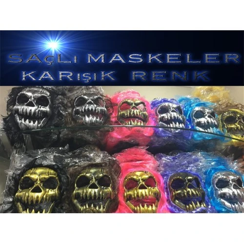 Saçlı Kuru Kafa İskelet Maske 1 Adet - 1