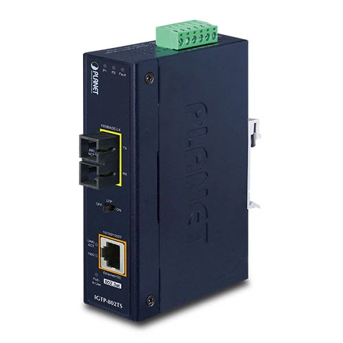 Endüstriyel Media Converter<br>
1000BASE-LX (SC,SM) <-> 10/100/1000BASE-T 802.3at PoE+<br>
10km<br>
1000BASE-LX to 10/100/1000BASE-T 802.3at PoE+ Industrial Media Converter (SC - 1