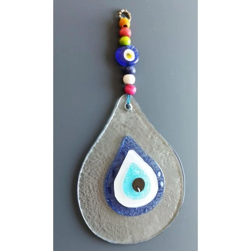 Damla Modeli Nazar Boncuklu Şeffaf Cam El Yapımı Duvar Süsü - Resim 3