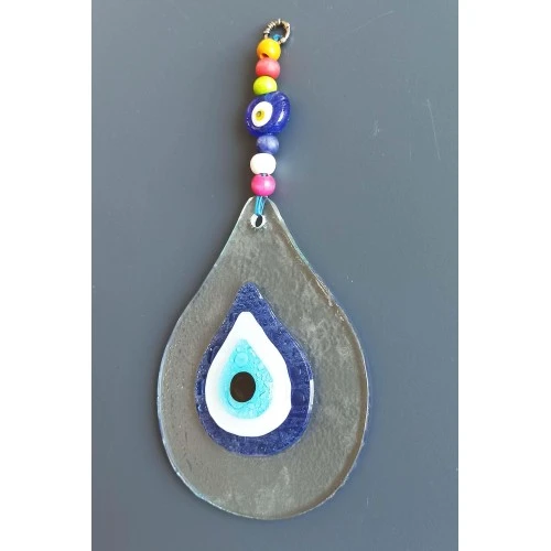 Damla Modeli Nazar Boncuklu Şeffaf Cam El Yapımı Duvar Süsü - Resim 2