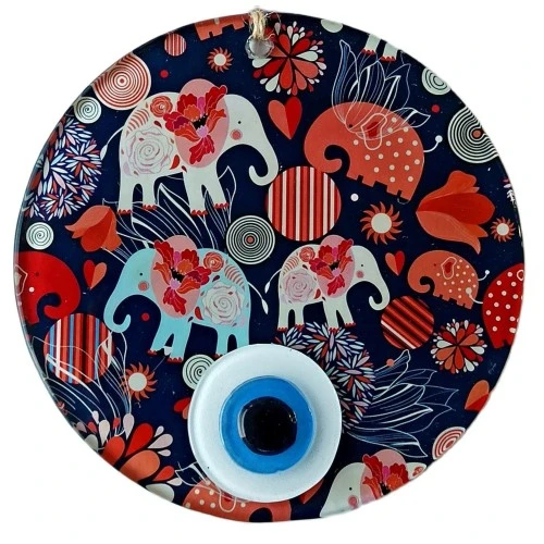 Nazar Boncuklu Fil Desenli Duvar Süsü Füzyon Cam Filli Duvar Dekoru - Resim 2