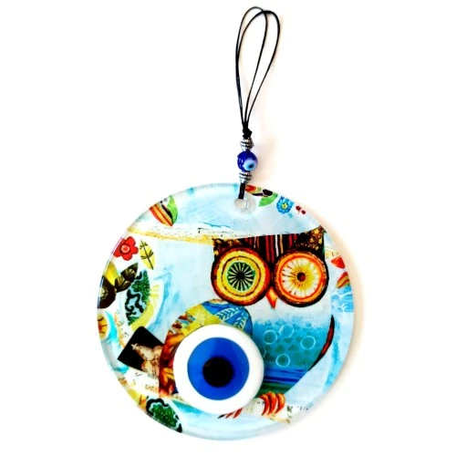 Bilgin Baykuş Nazar Boncuklu 12 Santimetre Füzyon Cam Duvar Süsü - Resim 2