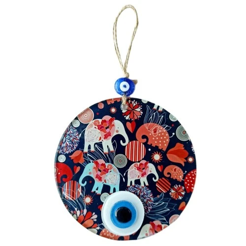 Nazar Boncuklu Fil Desenli Duvar Süsü Füzyon Cam Filli Duvar Dekoru ürün görseli