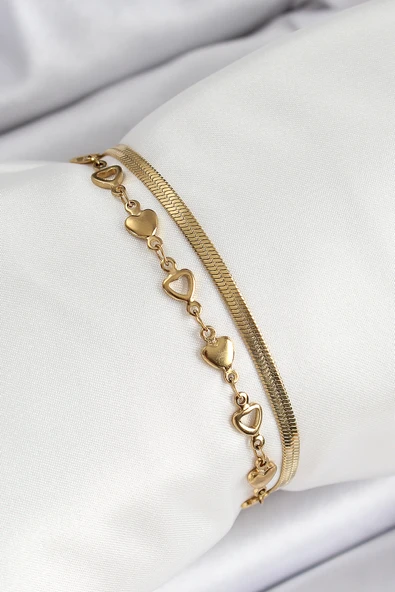 316L Çelik Gold Renk Kalpli Zincir ve İtalyan Zincirli 2 li Kadın Bileklik - TJ-BB7084 - 2