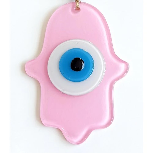 Nazar Boncuklu Pembe Renk Fatma Ana Bereket Eli Cam Duvar Süsü ürün görseli