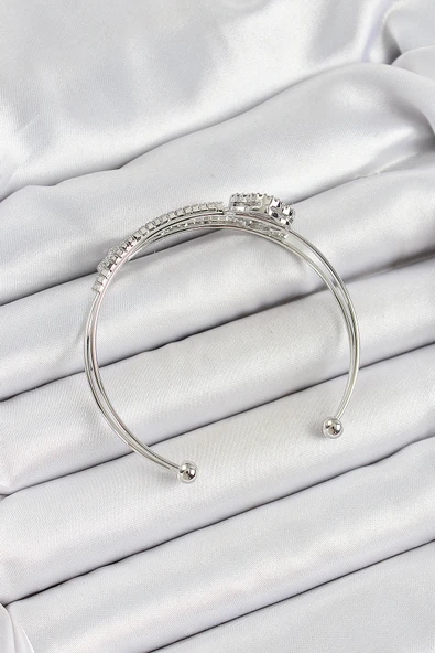 Pirinç Gümüş Renk Zirkon Taşlı Yonca Model 2 li Kadın Bileklik - TJ-BB7063 - 2