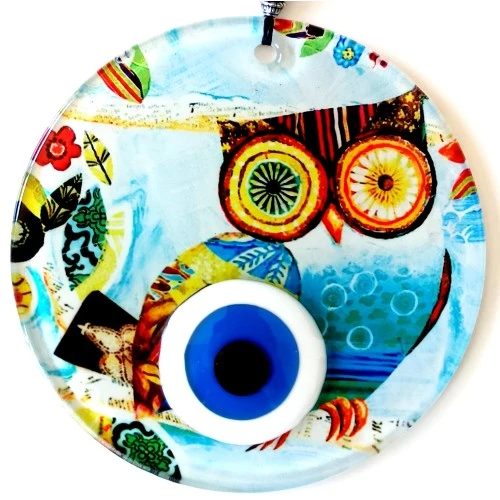 Bilgin Baykuş Nazar Boncuklu 12 Santimetre Füzyon Cam Duvar Süsü ürün görseli