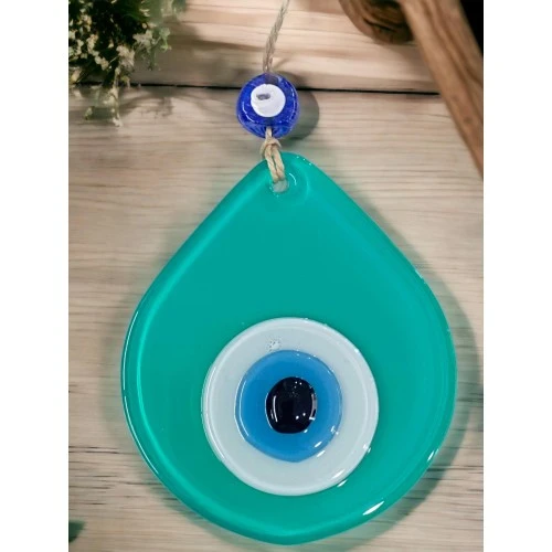 Orta Boy Açık Yeşil Damla Desen Nazar Boncuklu Duvar Dekoru Cam Duvar Süsü - Resim 4