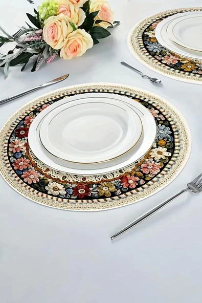 Valerine Life 6’lı Yuvarlak Amerikan Servis Altlığı 35x35cm Restoran Ev İçin Yıkanabilir Kaymaz Çiçekli - Resim 3