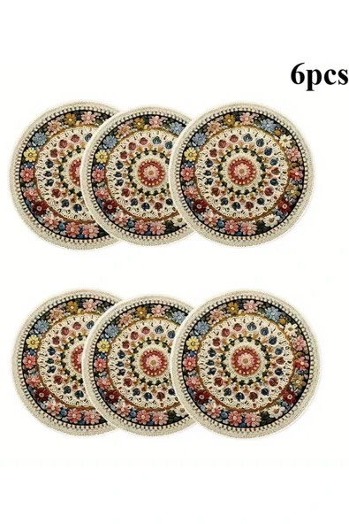 Valerine Life 6’lı Yuvarlak Amerikan Servis Altlığı 35x35cm Restoran Ev İçin Yıkanabilir Kaymaz Çiçekli - Resim 2