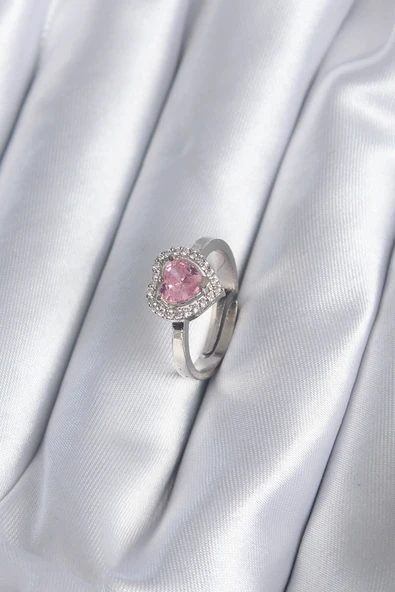 Pirinç Gümüş Renk Pembe Zirkon Taşlı Charm Model Kadın Yüzük - 1