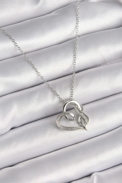 316L Çelik Gümüş Renk Zincir Zirkon Taş Detaylı Kalp Model Sonsuzluk Detay Kadın Kolye ürün görseli 1