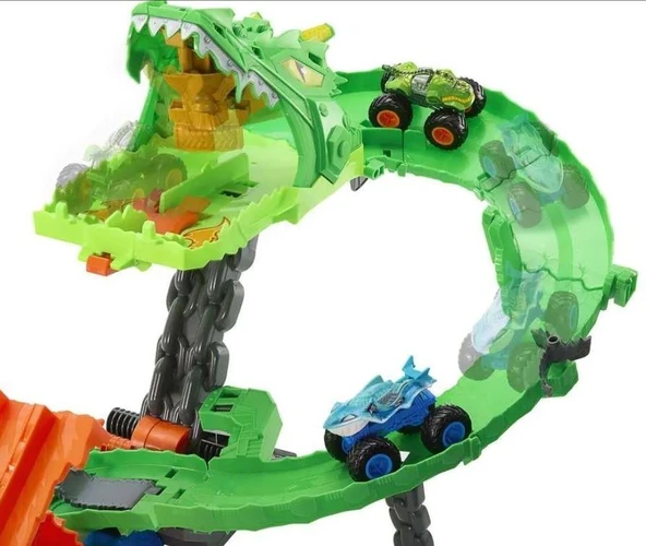 Hot Wheels Monster Trucks Sharks vs Dinos Dragon Demolition Track Set JFR06 - Resim 3