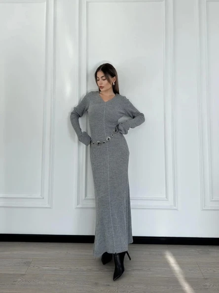 V Yaka Fitilli Uzun Elbise- Gri ürün görseli 1