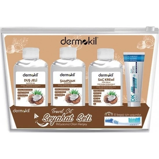 Dermokil Seyehat Seti Coconut Şampuan Saç Kremi Duş Jeli Macun Fırça ürün görseli 1