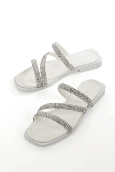 MİA026-1610 Kadın Günlük Taşlı Bantlı BEYAZ Tatil Terliği ürün görseli 1