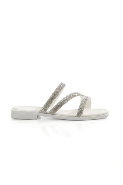 MİA026-1610 Kadın Günlük Taşlı Bantlı BEYAZ Tatil Terliği - Resim 4