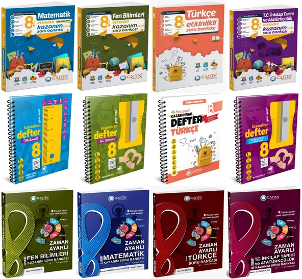 Çanta 2025 8. Sınıf Matematik + Türkçe + Fen + İnkılap Tarihi + Zaman Ayarlı + Etkinlikli Soru + Defter Seti 12 Kitap ürün görseli
