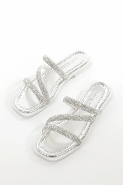 MİA026-1610 Kadın Günlük Taşlı Bantlı GÜMÜŞ Tatil Terliği ürün görseli 1