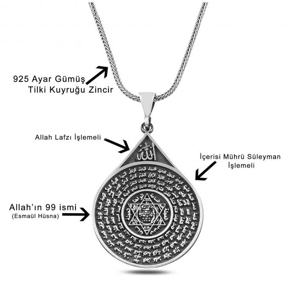Esma-ül Hüsna Mührü Süleyman 60 cm 925 Gümüş Kolye - 2