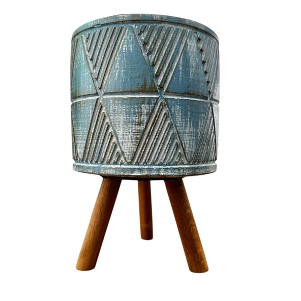 Bitki Tasarımı Ev dekorasyon Mavi Eskitme Piramit Beton Saksı Ayaklı Çiçeklik Saksılık - Resim 3