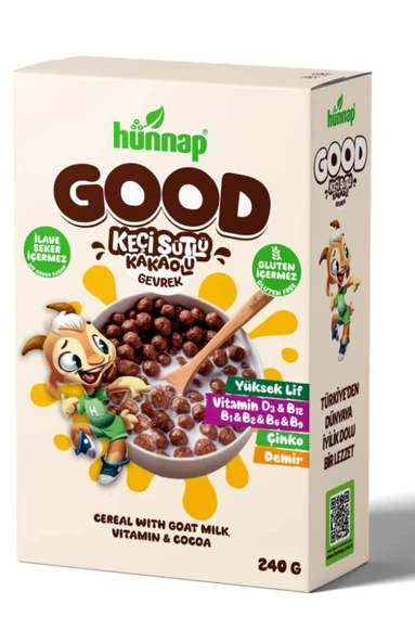 Hünnap Keçi Sütlü Kakao ve Vitamıin Tahıllı Glutensiz Gevrek 240 Gr
