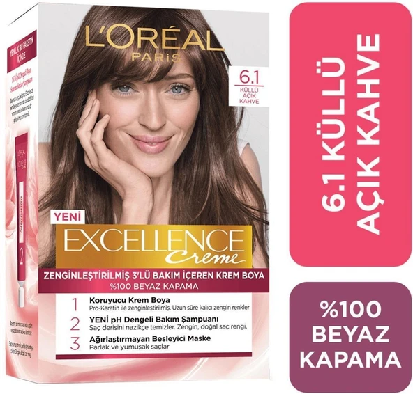Loreal Excellence Creme Saç Boyası 6.1 Küllü Açık Kahve ürün görseli