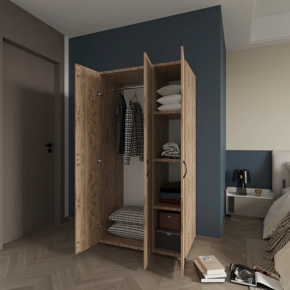 Ed Pet Dizayn  Doruk 3 Kapaklı Çam Elbise Dolabı Çok Amaçlı Dolap 90 Cm genişlik - 1