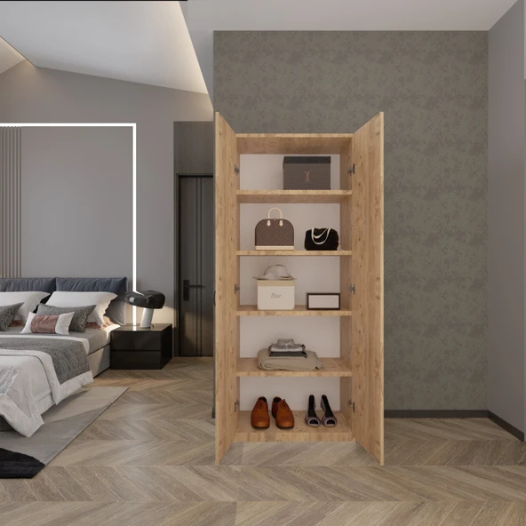 Ed Pet Dizayn 2 Kapaklı 5 Katlı Çok Amaçlı Atlantik Çam Elbise Dolabı / Saklama Dolabı 70CM - 3