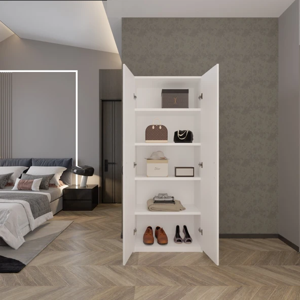 Ed Pet Dizayn 2 Kapaklı 5 Katlı Çok Amaçlı Beyaz Elbise Dolabı / Saklama Dolabı 70CM - 3